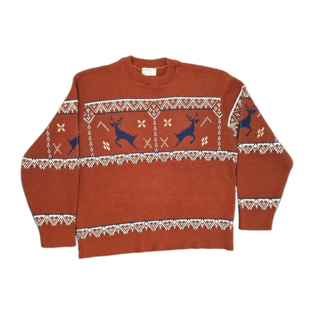 Vtg 70s Lord Jeff Sweater Mens XL USA Acrylic Nordic Style Ski Rust Deer Print